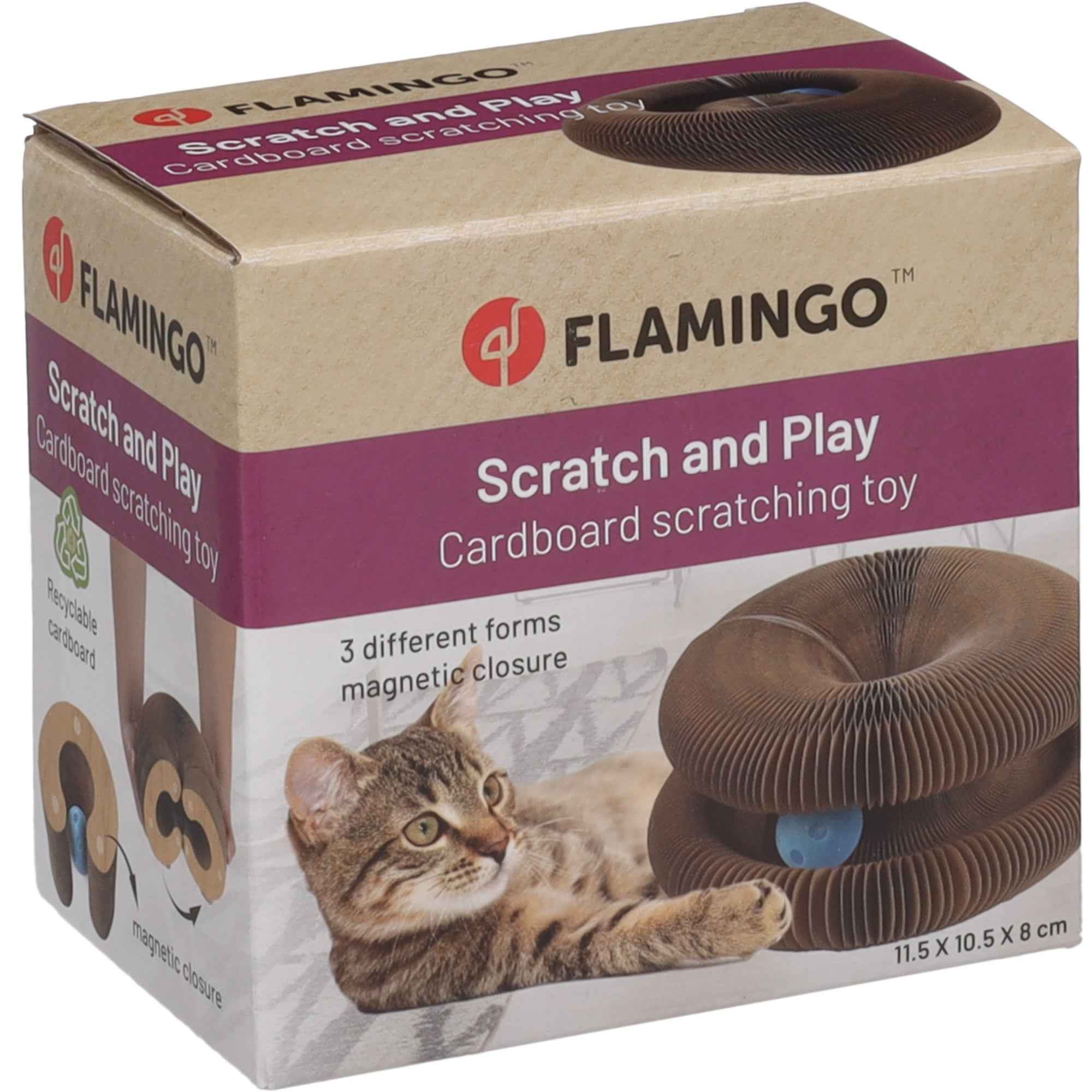 Flamingo Krabspeelgoed Kava Bruin – Kartonnen Kattenkrabpaal met Rinkelend Balletje, Opvouwbaar en Recycleerbaar – Leuk Speelgoed voor Alle Katten