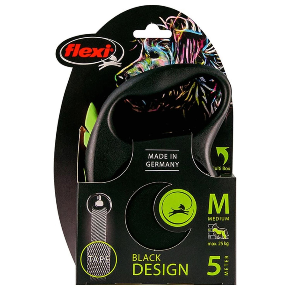 Flexi Rollijn Black Design Tape – Stijlvolle Rollijn met 5 Meter Tape voor Honden tot 25 kg – Verstelbare Looptijd en Sterk Remsysteem