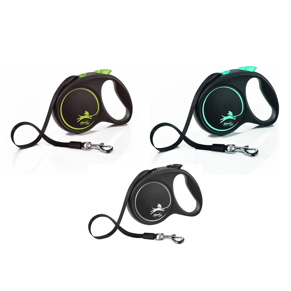 Flexi Rollijn Black Design Tape – Stijlvolle Rollijn met 5 Meter Tape voor Honden tot 25 kg – Verstelbare Looptijd en Sterk Remsysteem