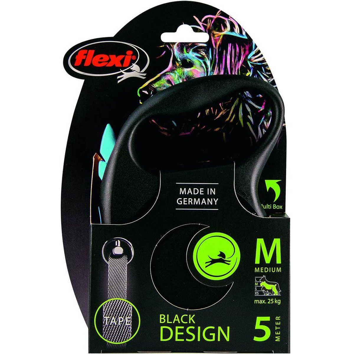 Flexi Rollijn Black Design Tape – Stijlvolle Rollijn met 5 Meter Tape voor Honden tot 25 kg – Verstelbare Looptijd en Sterk Remsysteem