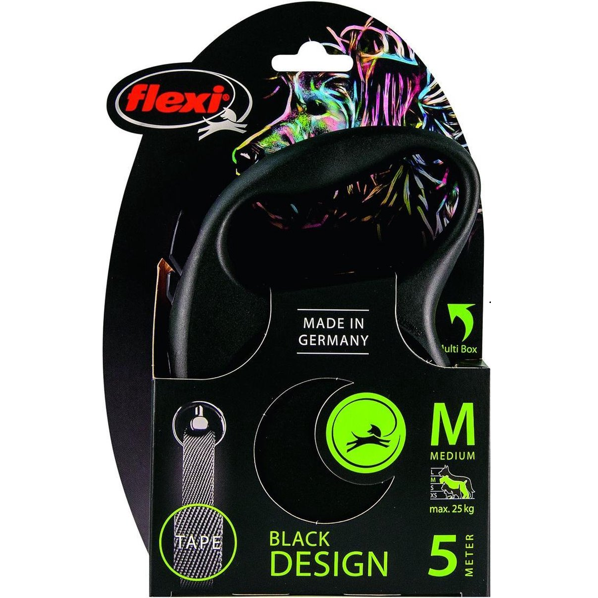 Flexi Rollijn Black Design Tape – Stijlvolle Rollijn met 5 Meter Tape voor Honden tot 25 kg – Verstelbare Looptijd en Sterk Remsysteem