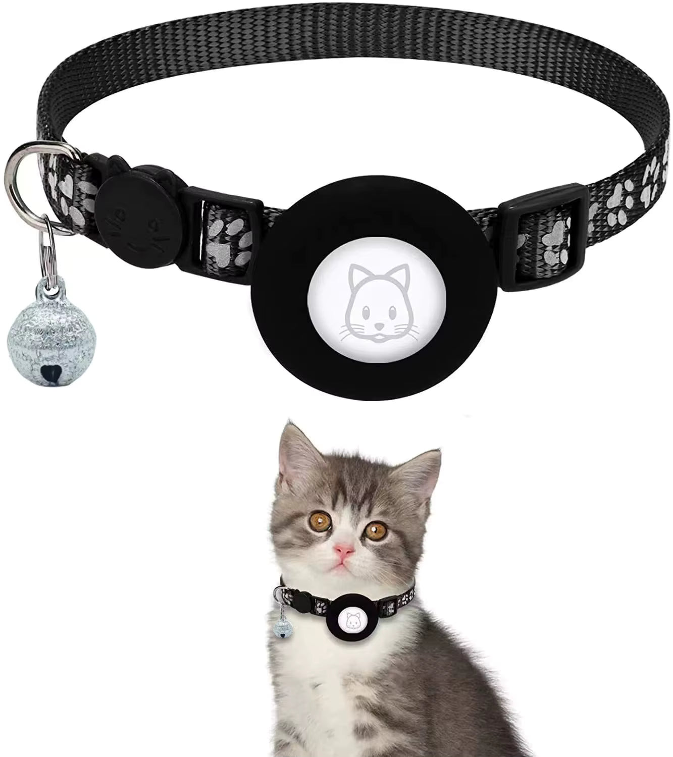 Kattenhalsband met Veiligheidssluiting & AirTagHouder – Reflecterend & Verstelbaar Kattenpootjes patroon