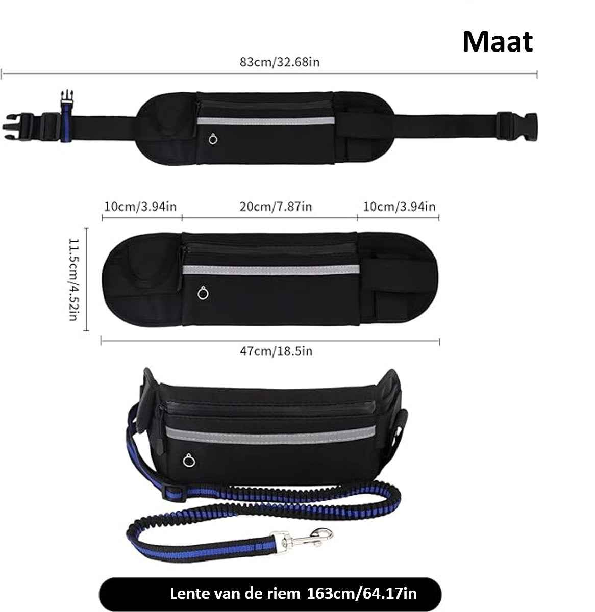 Verstelbare hondenriem met tailleband – Nylon, comfortabel en lichtgewicht