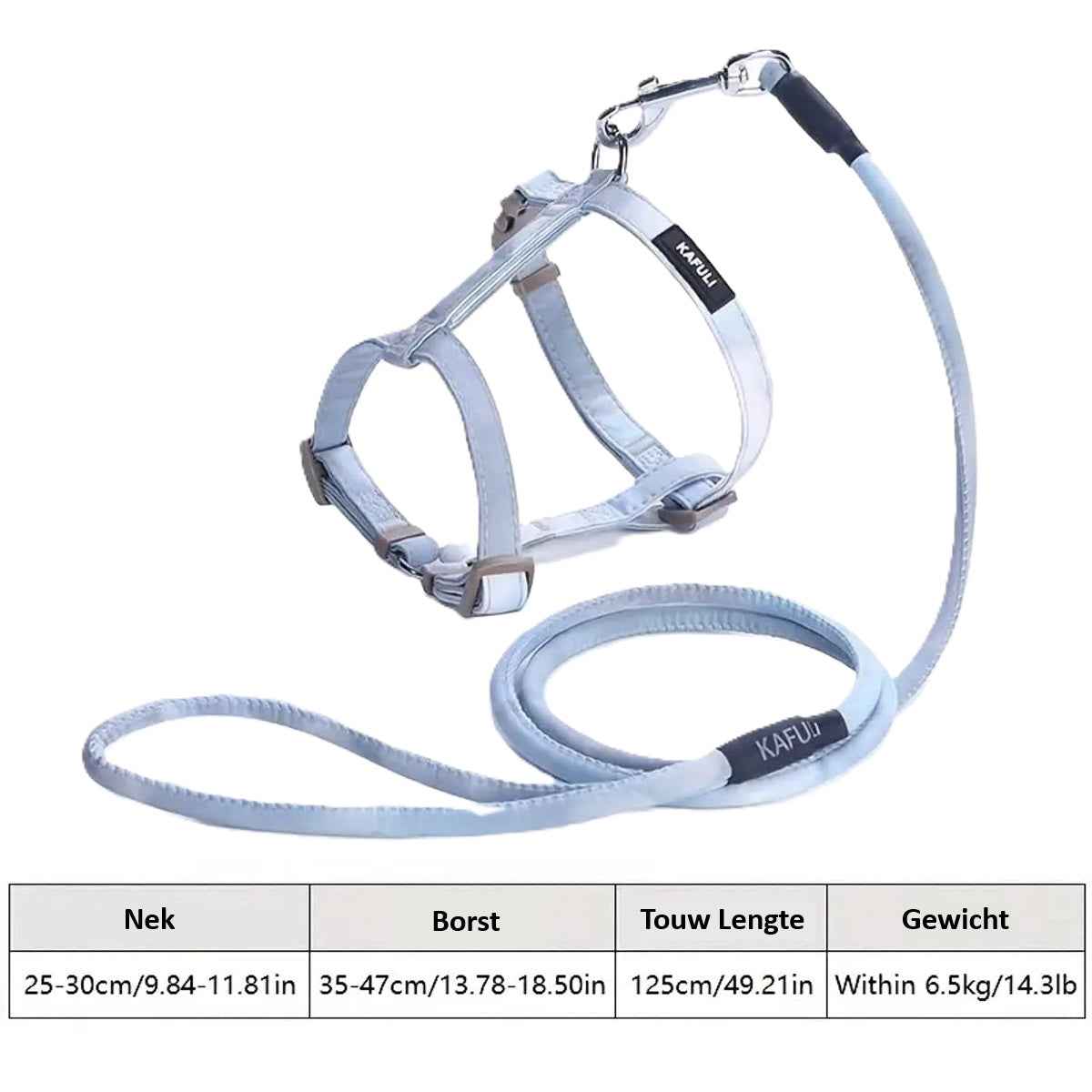 Kattenharnas met leiband – verstelbaar en veilig blauw/grijs met metalen gespen