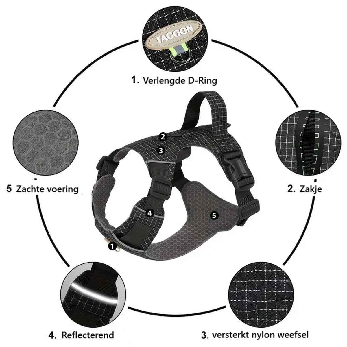 Ademend hondenharnas XL - Zwart honingraat mesh, lichtgewicht en reflecterend met handvat