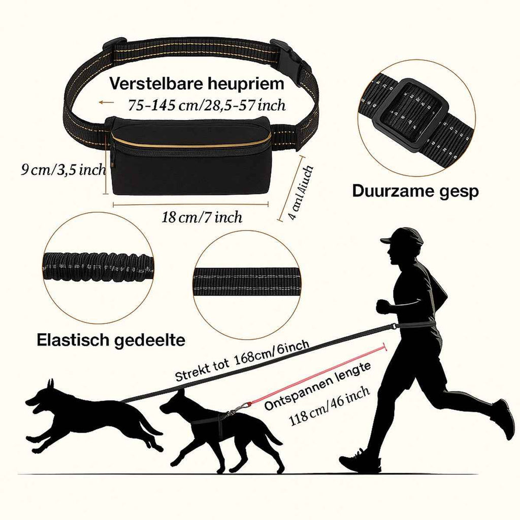 Verstelbare hondenriem voor 2 honden - Zwart/Teal met handige dubbele bevestiging