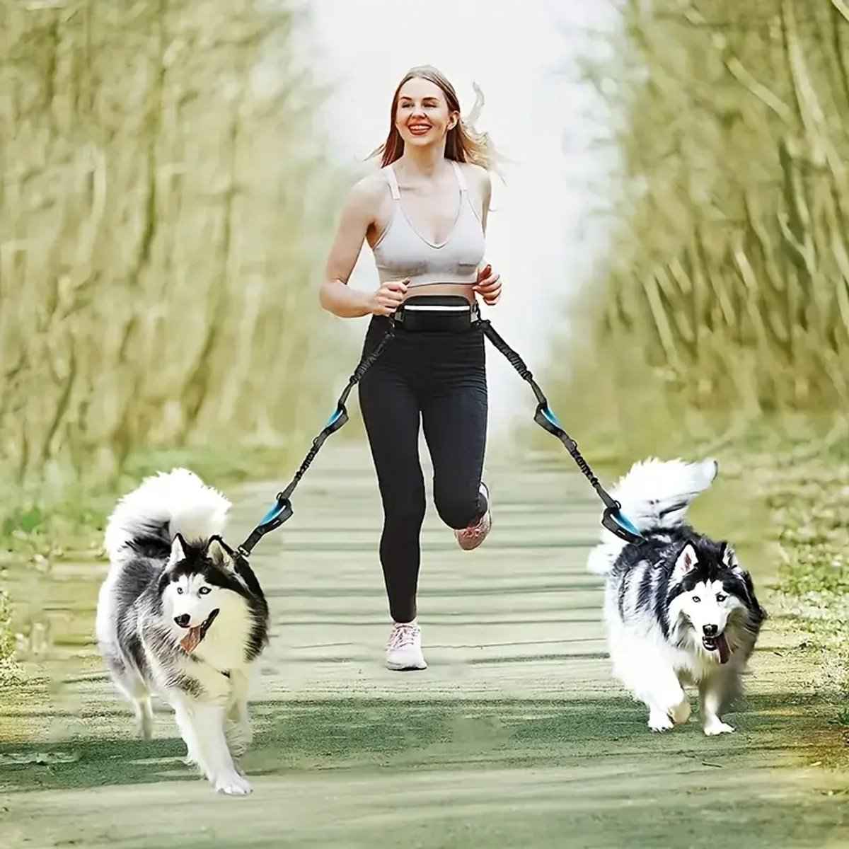 Verstelbare hondenriem voor 2 honden - Zwart/Teal met handige dubbele bevestiging