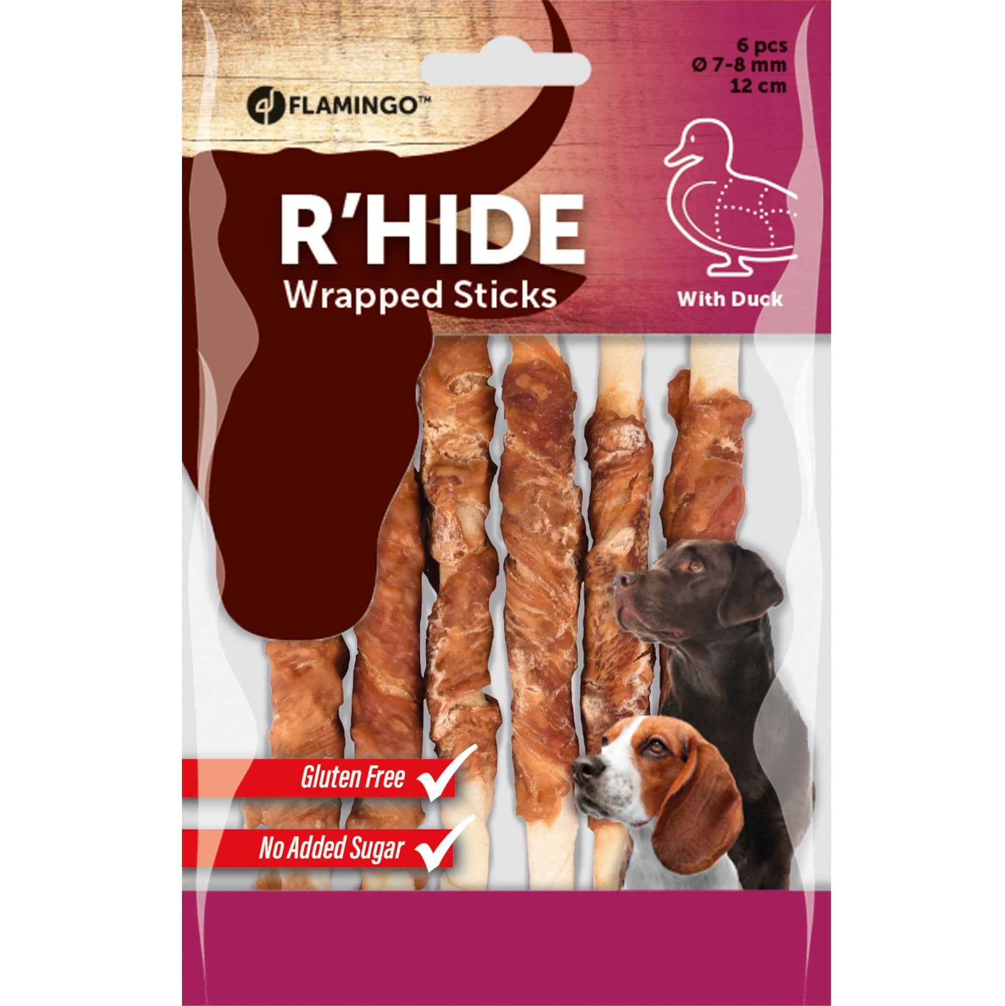 Flamingo Snack R'Hide Staaf Wit met Eend 12 cm – Natuurlijke Kauwsnack voor Honden – Glutenvrij, Suikervrij en Duurzaam – 6 Stuks (70g)
