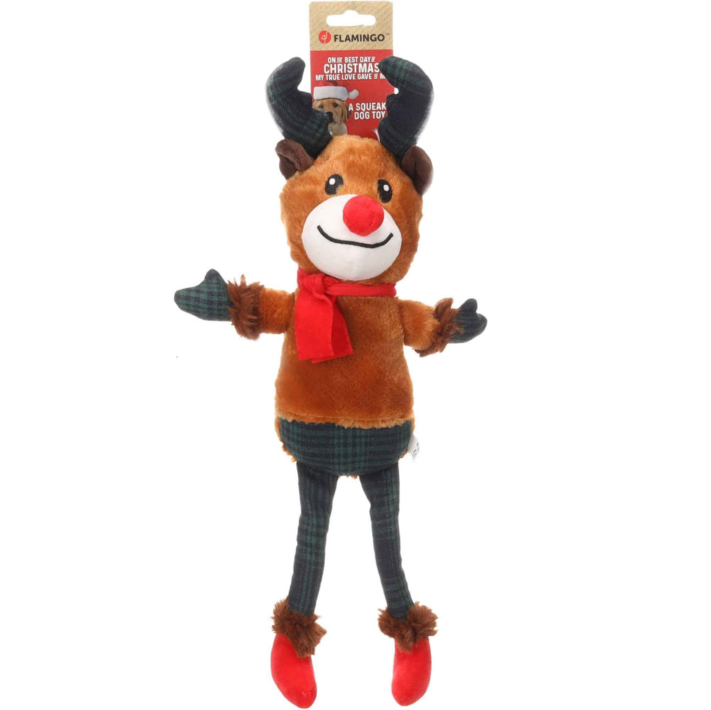 Flamingo Kerst Speelgoed Jeffra Rendier Bruin – Zacht Pluche Hondenspeelgoed Met Squeaker & Knispergeluid – 25x11x50 cm – Ideaal Kerstcadeau Voor Honden