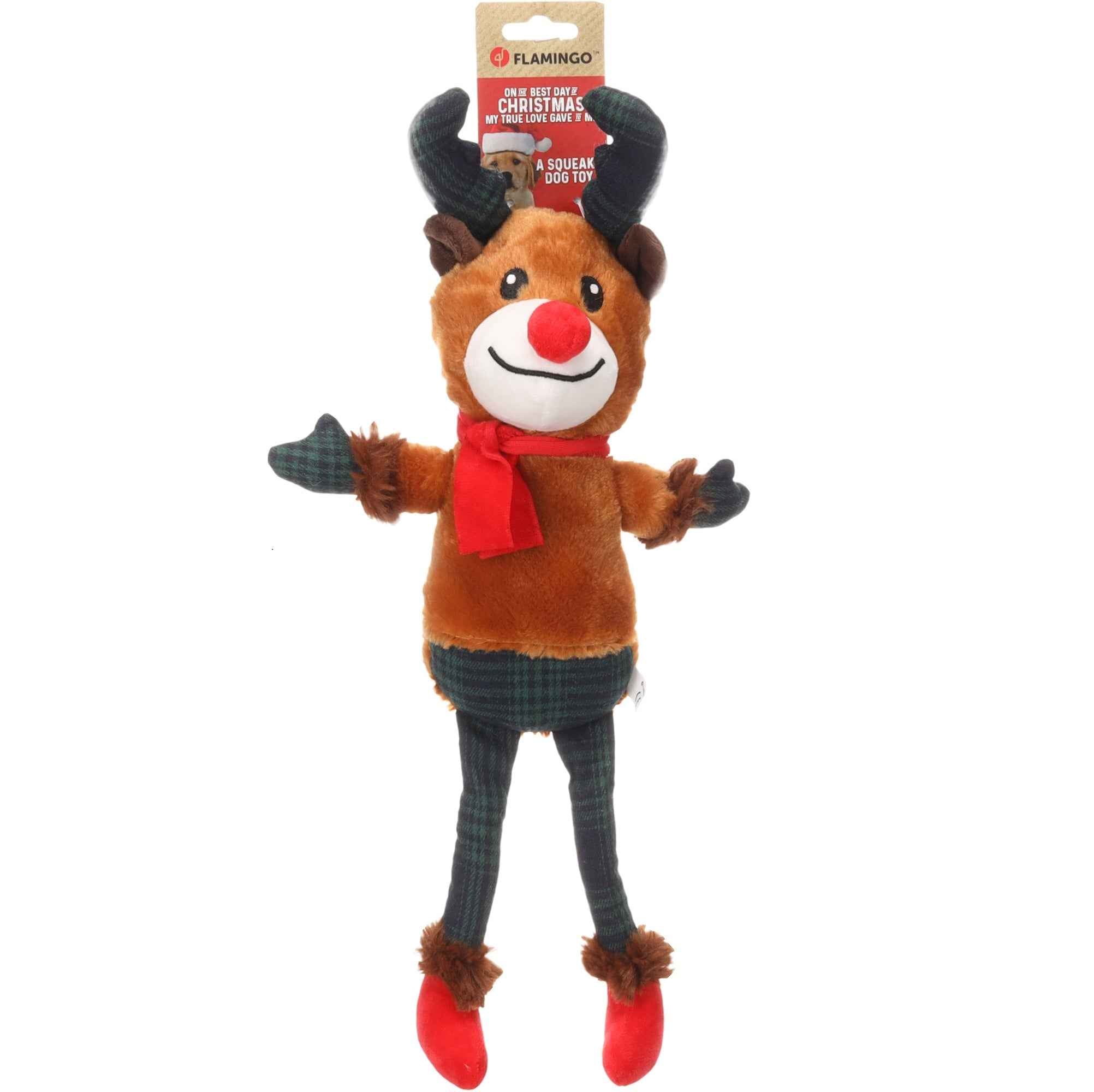 Flamingo Kerst Speelgoed Jeffra Rendier Bruin – Zacht Pluche Hondenspeelgoed Met Squeaker & Knispergeluid – 25x11x50 cm – Ideaal Kerstcadeau Voor Honden