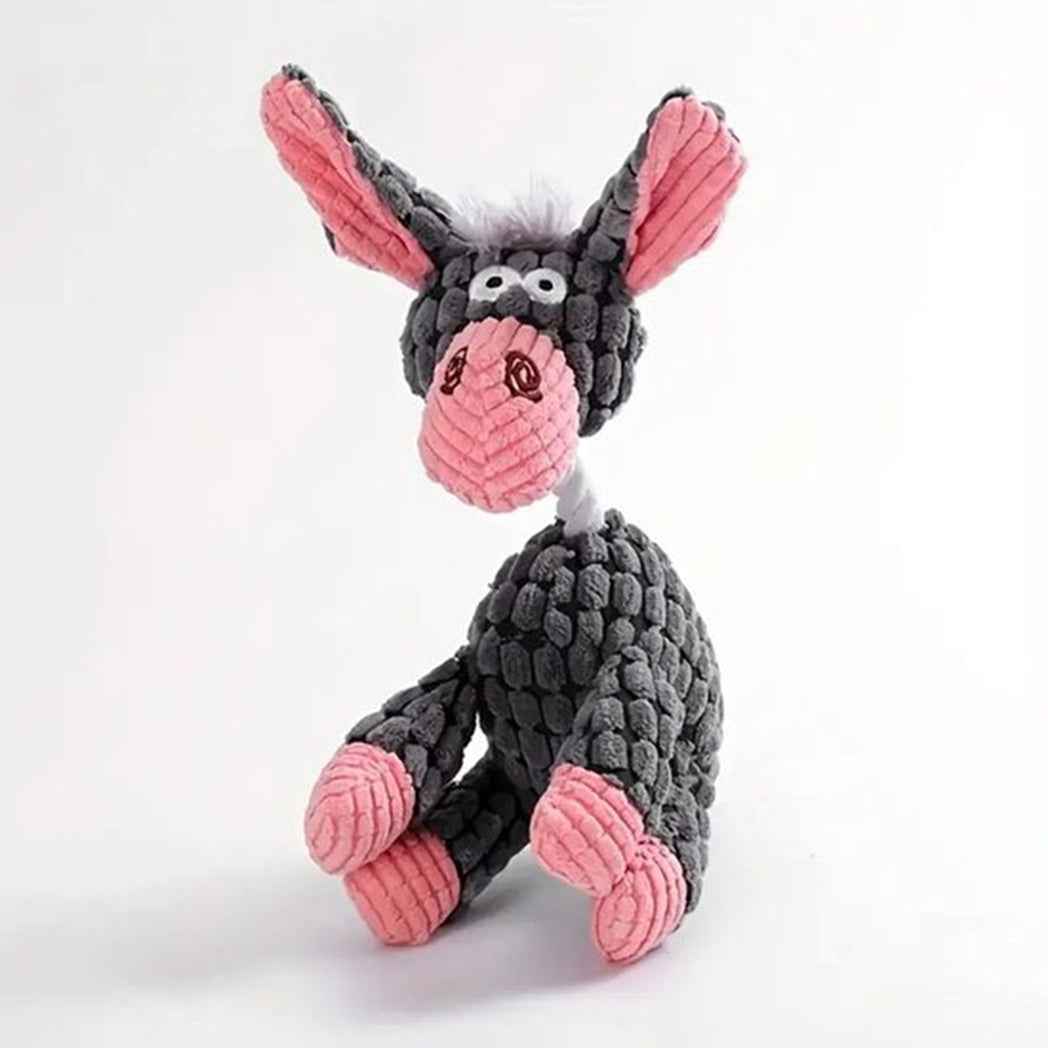 Ezelvormig hondenspeelgoed met pieper – duurzaam grijs/roze pluche knuffel- en kauwspeeltje voor middelgrote honden