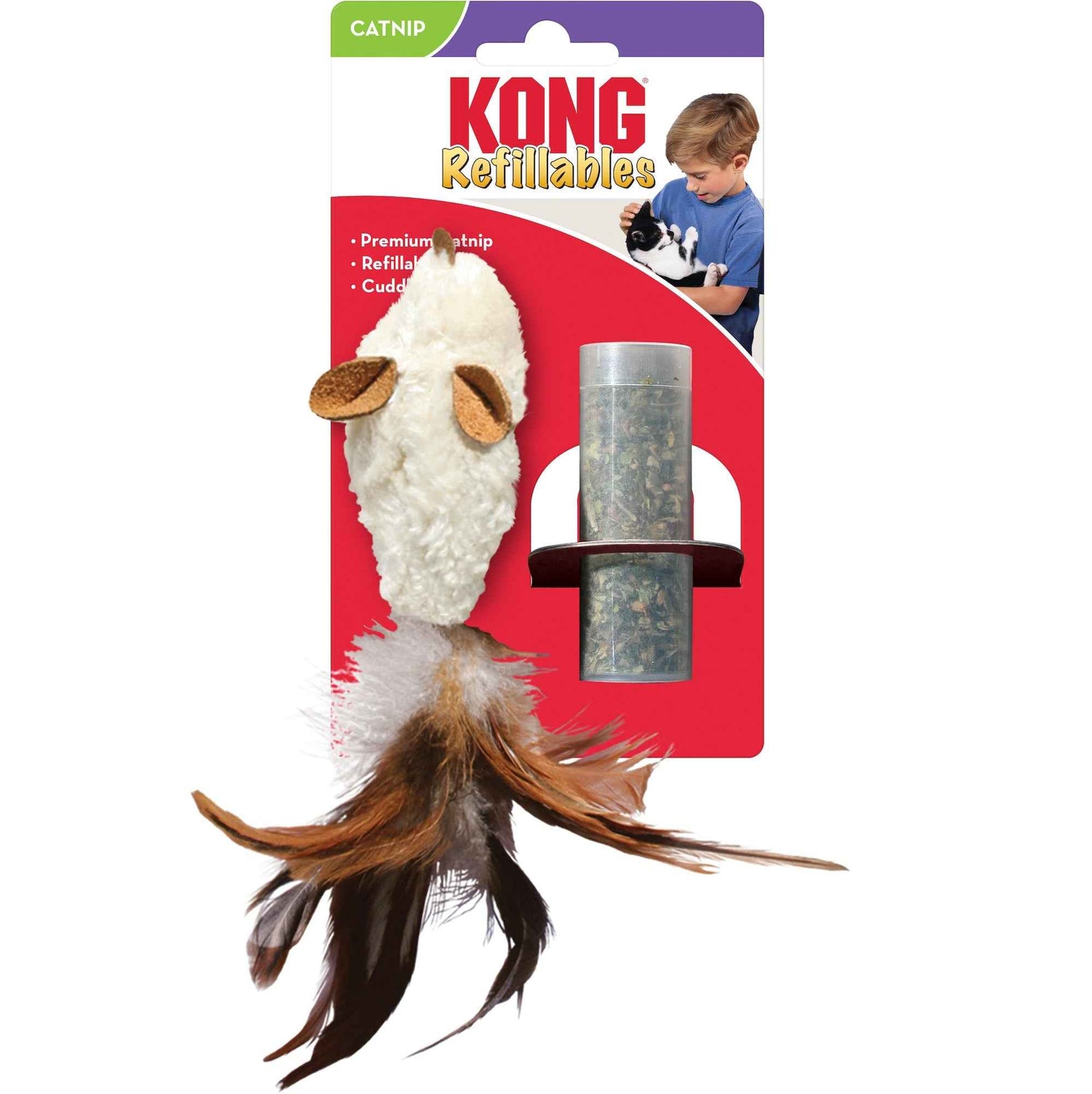 KONG Cat Refillable Feather Mouse – Plush Kattenkruidspeeltje met Hervulbaar Kattenkruid en Verenstaart – Stimuleert Zintuigen en Speelplezier