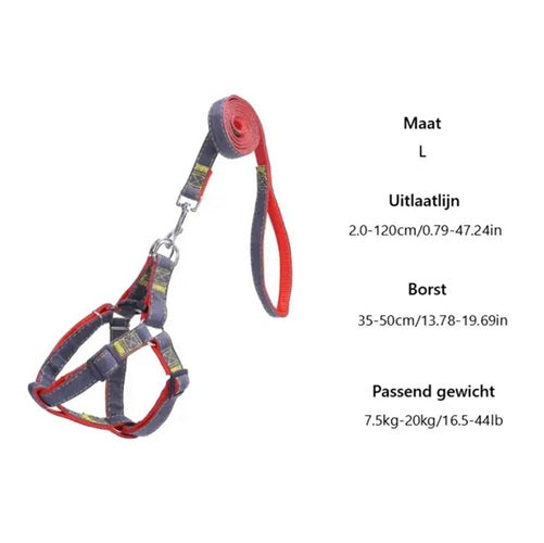 Harnas en Riem voor Hond - Nylon - 2-delige set - Verstelbaar voor Honden en Katten -Rood/Blauw