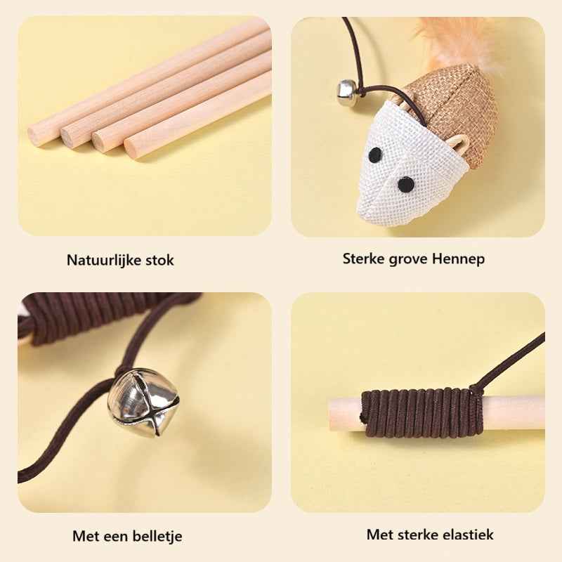 Interactief Katten Speelgoed met Teaser Stok, Veren & Bel – Duurzaam Bijtbestendig Hout Zonder Batterijen