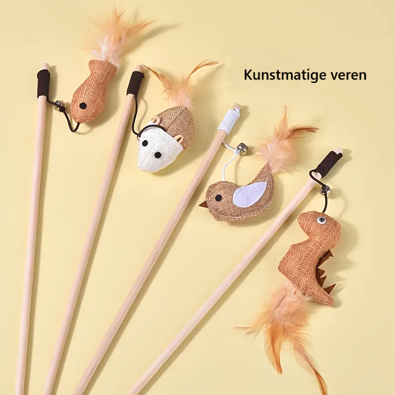 Interactief Katten Speelgoed met Teaser Stok, Veren & Bel – Duurzaam Bijtbestendig Hout Zonder Batterijen