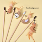 Interactief Katten Speelgoed met Teaser Stok, Veren & Bel – Duurzaam Bijtbestendig Hout Zonder Batterijen